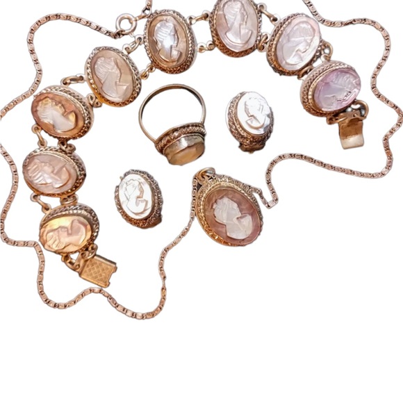 Victorian Antique Abalone Cameo SET 800 silver Bracelet ring necklace earrings - Picture 9 of 12